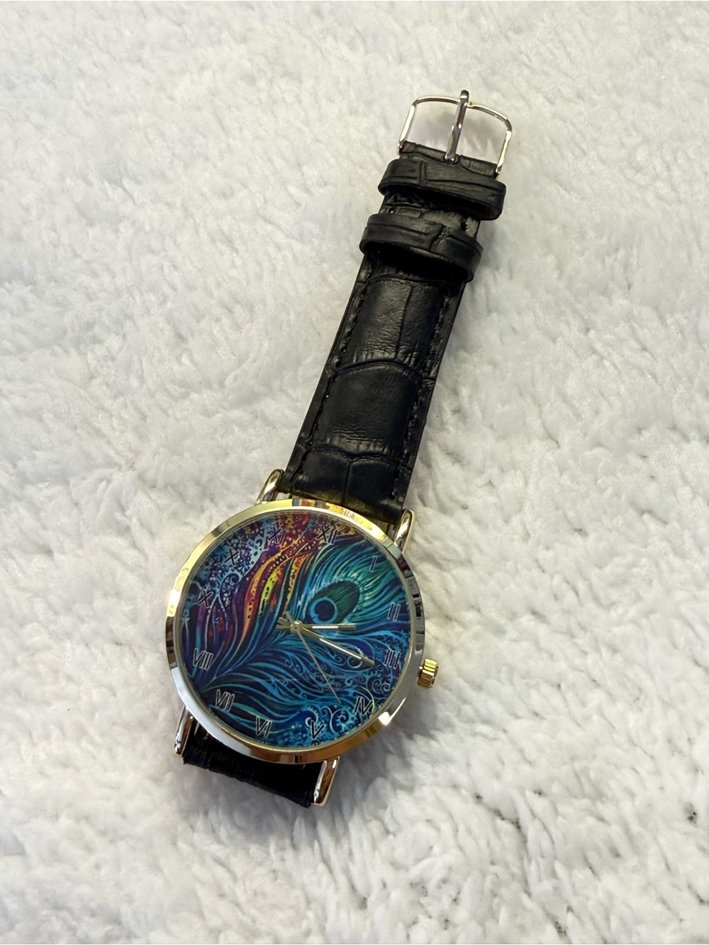 Colorful Artistic Watch with Black Strap - Peacock Feather - Unisex - NWOT